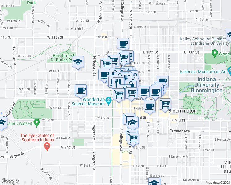 map of restaurants, bars, coffee shops, grocery stores, and more near 205 North College Avenue in Bloomington