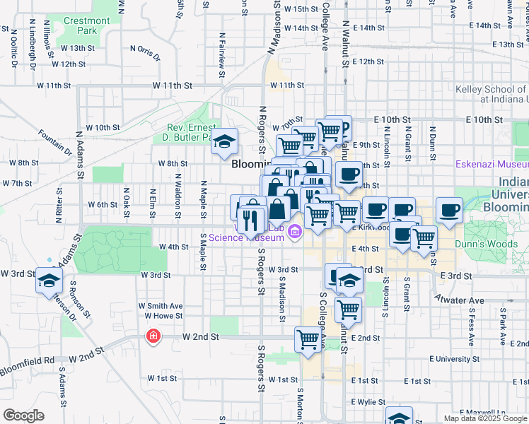 map of restaurants, bars, coffee shops, grocery stores, and more near 408 West 6th Street in Bloomington