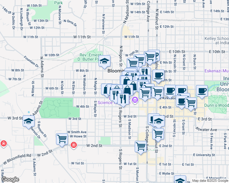 map of restaurants, bars, coffee shops, grocery stores, and more near 514 West 6th Street in Bloomington