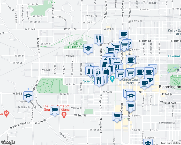 map of restaurants, bars, coffee shops, grocery stores, and more near 626 West 6th Street in Bloomington