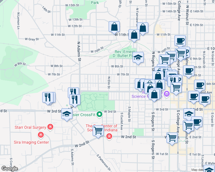 map of restaurants, bars, coffee shops, grocery stores, and more near 1002 West 6th Street in Bloomington