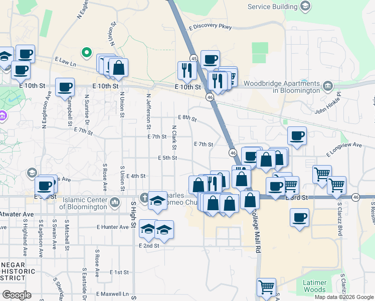 map of restaurants, bars, coffee shops, grocery stores, and more near 2414 East 7th Street in Bloomington