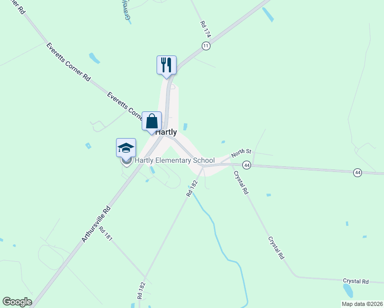 map of restaurants, bars, coffee shops, grocery stores, and more near 145 Main Street in Hartly