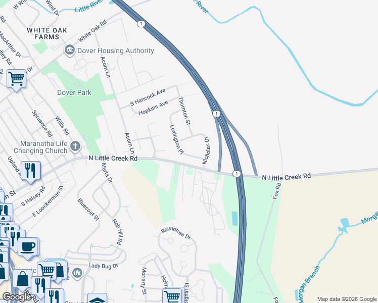 map of restaurants, bars, coffee shops, grocery stores, and more near 139 Lexington Place in Dover