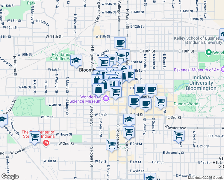 map of restaurants, bars, coffee shops, grocery stores, and more near 300 West 6th Street in Bloomington