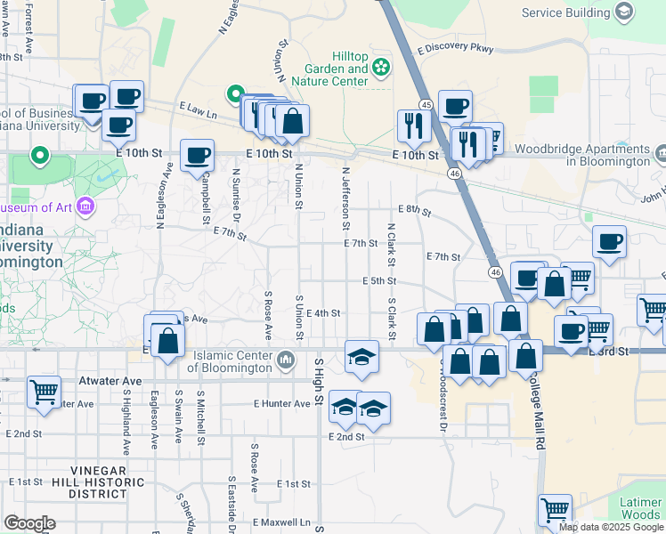 map of restaurants, bars, coffee shops, grocery stores, and more near 112 North Bryan Avenue in Bloomington