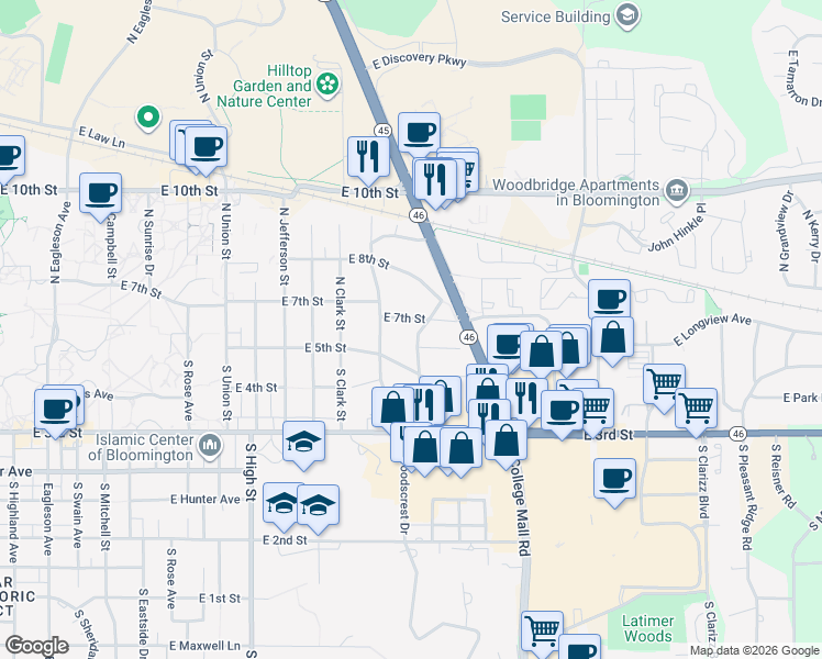 map of restaurants, bars, coffee shops, grocery stores, and more near 2531 East 7th Street in Bloomington