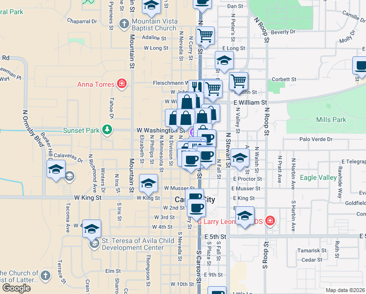 map of restaurants, bars, coffee shops, grocery stores, and more near 214 West Robinson Street in Carson City