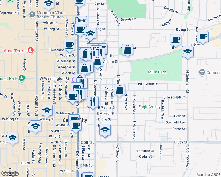 map of restaurants, bars, coffee shops, grocery stores, and more near 701 North Walsh Street in Carson City