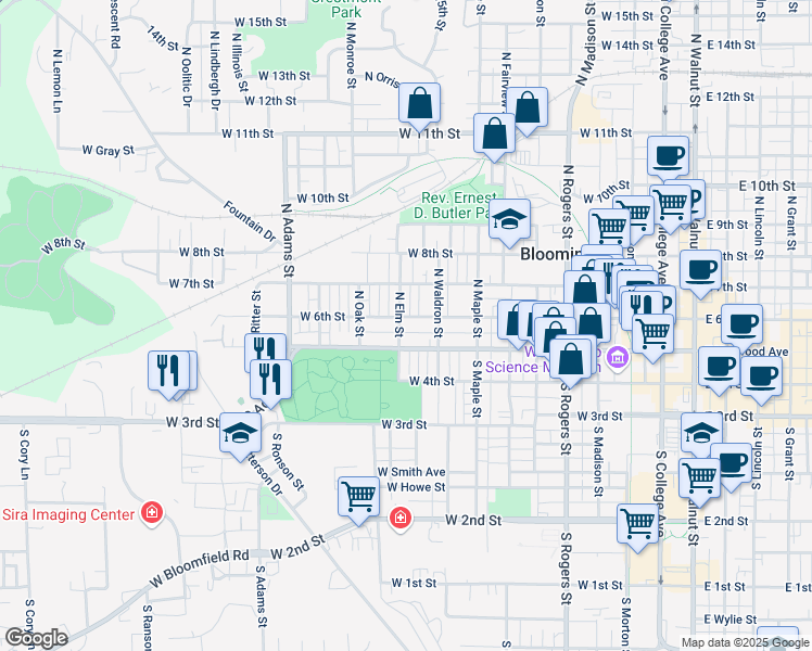 map of restaurants, bars, coffee shops, grocery stores, and more near 1002 West 6th Street in Bloomington