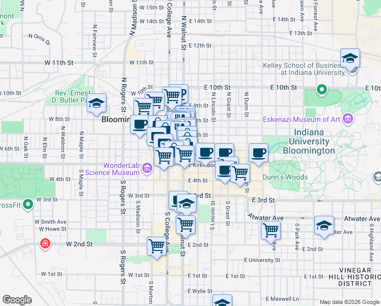map of restaurants, bars, coffee shops, grocery stores, and more near 210 North Walnut Street in Bloomington