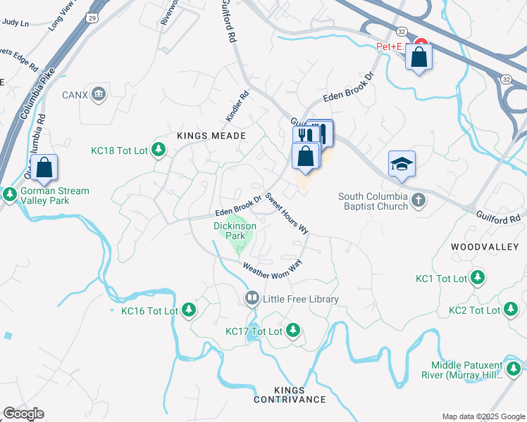 map of restaurants, bars, coffee shops, grocery stores, and more near 7327 Eden Brook Drive in Columbia