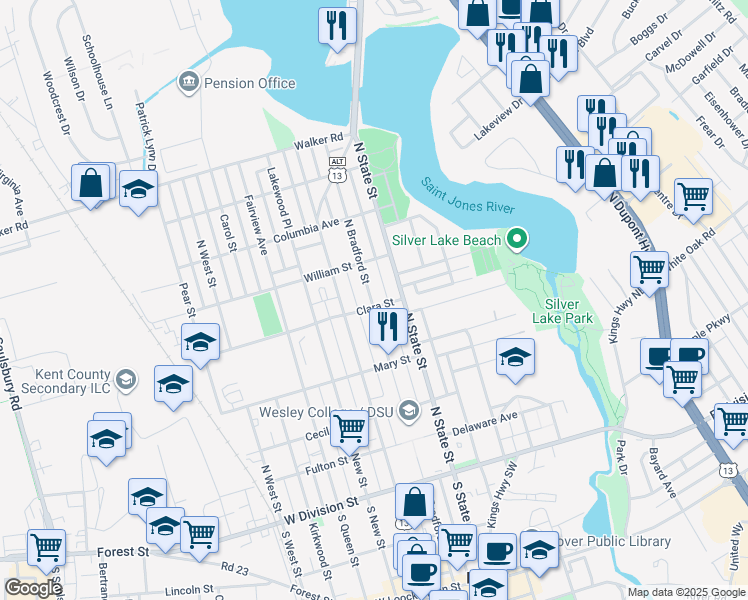 map of restaurants, bars, coffee shops, grocery stores, and more near 423 North Bradford Street in Dover
