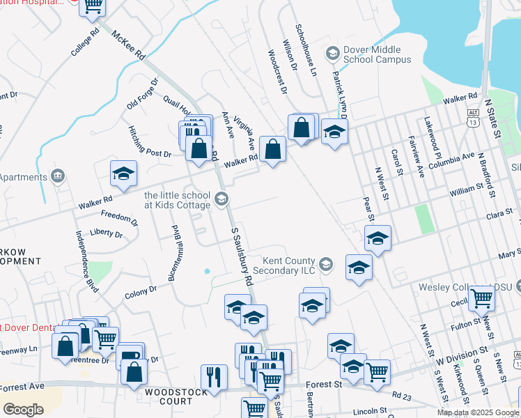 map of restaurants, bars, coffee shops, grocery stores, and more near 956 Whatcoat Drive in Dover