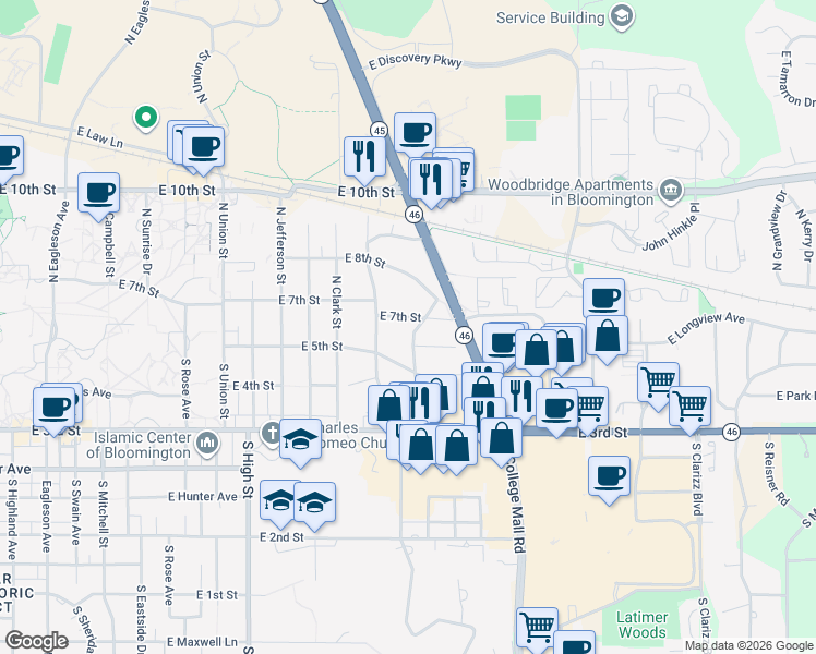 map of restaurants, bars, coffee shops, grocery stores, and more near 2531 East 7th Street in Bloomington