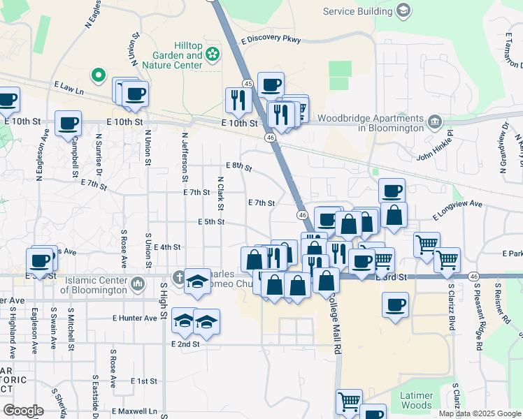 map of restaurants, bars, coffee shops, grocery stores, and more near 2531 East 7th Street in Bloomington