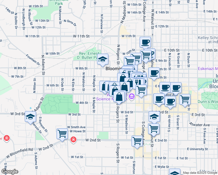 map of restaurants, bars, coffee shops, grocery stores, and more near 514 West 6th Street in Bloomington