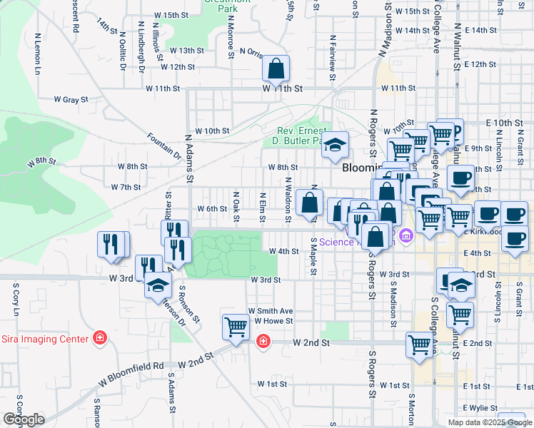 map of restaurants, bars, coffee shops, grocery stores, and more near 1002 West 6th Street in Bloomington