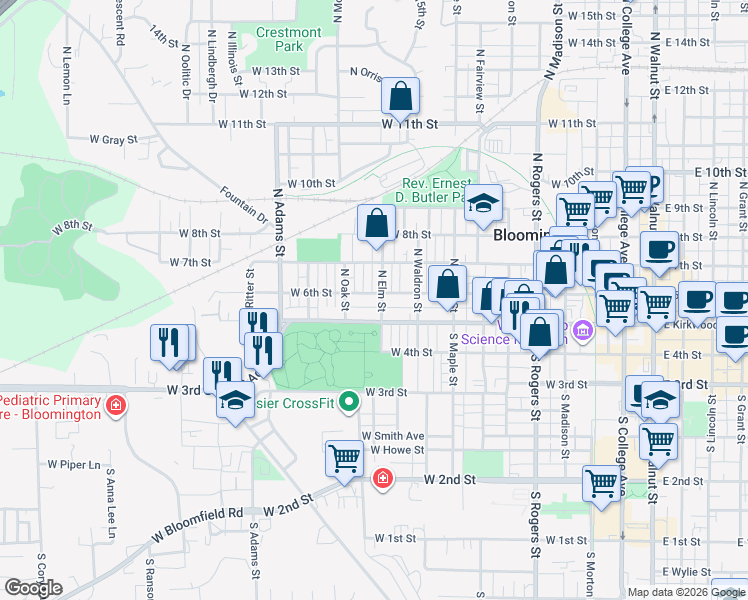 map of restaurants, bars, coffee shops, grocery stores, and more near 1002 West 6th Street in Bloomington