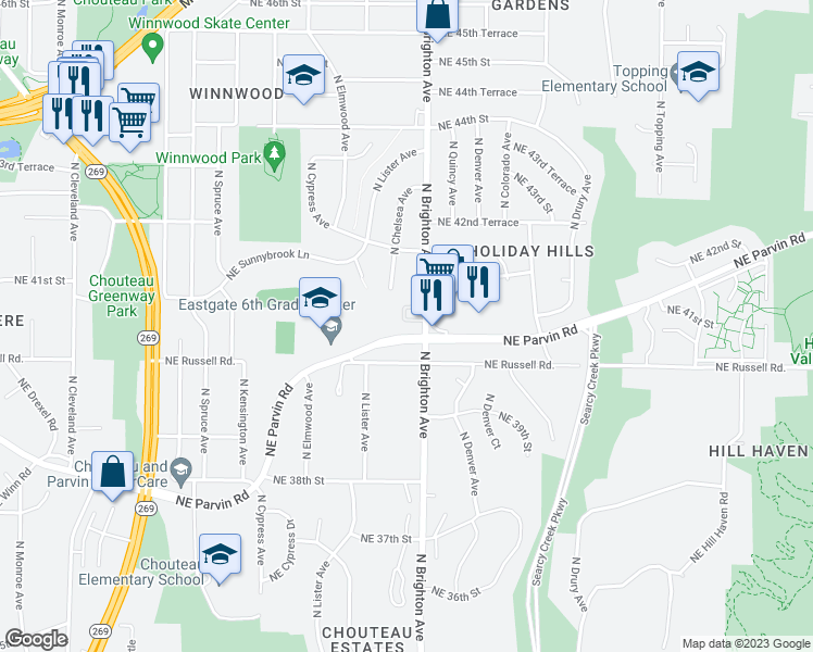 map of restaurants, bars, coffee shops, grocery stores, and more near 4900 Northeast Parvin Road in Kansas City