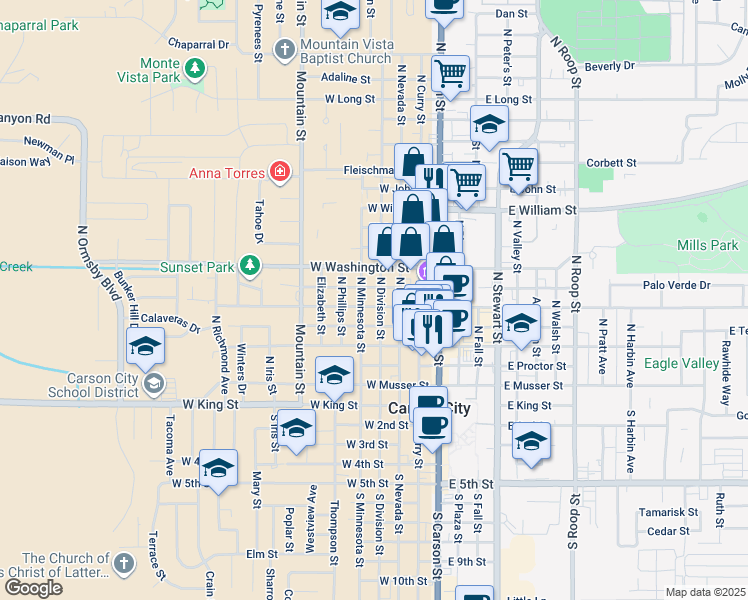 map of restaurants, bars, coffee shops, grocery stores, and more near 402 West Robinson Street in Carson City