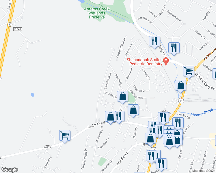 map of restaurants, bars, coffee shops, grocery stores, and more near 2072 Stoneleigh Drive in Winchester