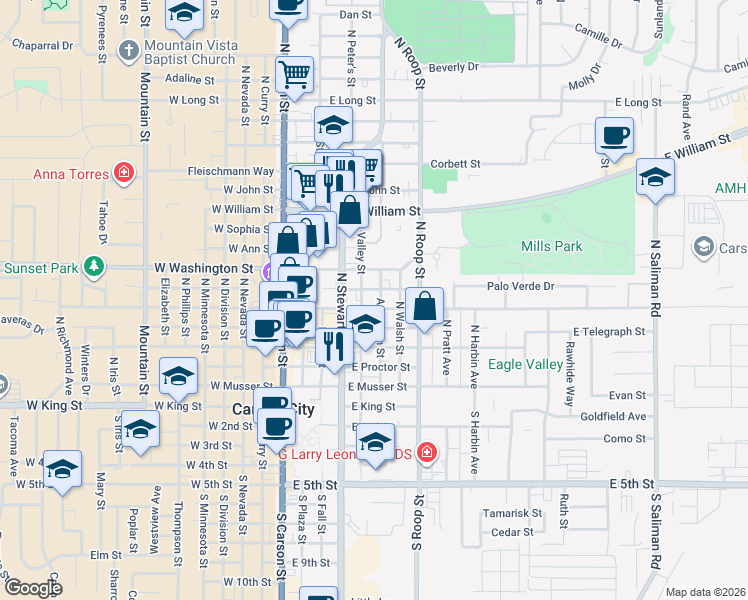 map of restaurants, bars, coffee shops, grocery stores, and more near 502 East Caroline Street in Carson City