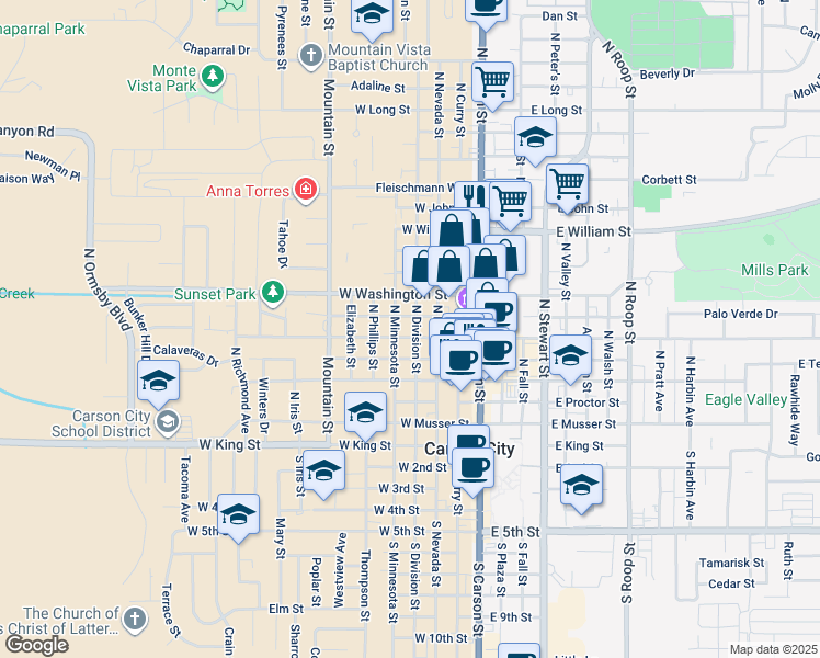 map of restaurants, bars, coffee shops, grocery stores, and more near 402 West Robinson Street in Carson City