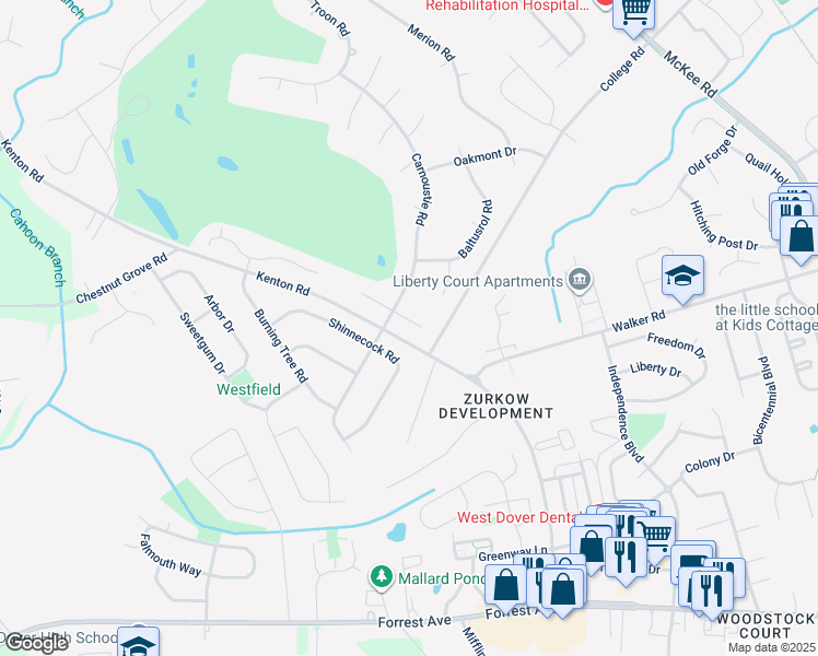 map of restaurants, bars, coffee shops, grocery stores, and more near 26 Winged Foot Court in Dover