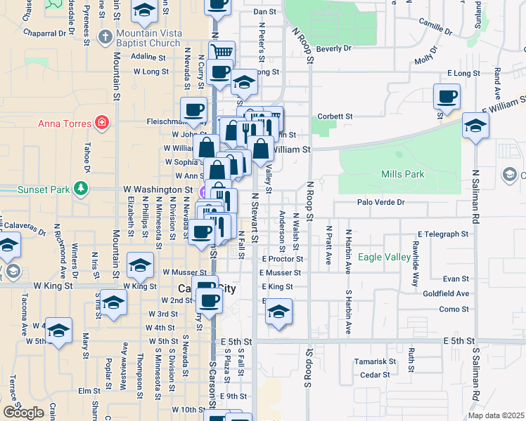 map of restaurants, bars, coffee shops, grocery stores, and more near 709 North Stewart Street in Carson City