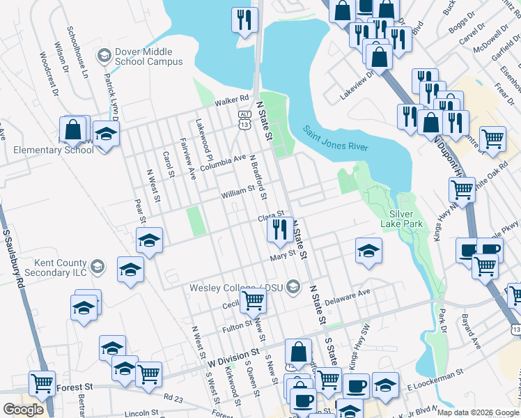 map of restaurants, bars, coffee shops, grocery stores, and more near 423 North Bradford Street in Dover