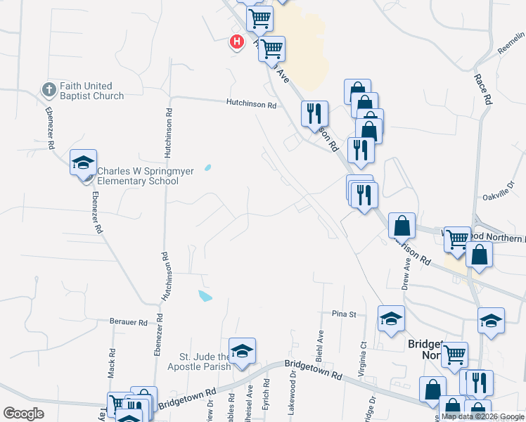 map of restaurants, bars, coffee shops, grocery stores, and more near 4017 Trailside Drive in Bridgetown North