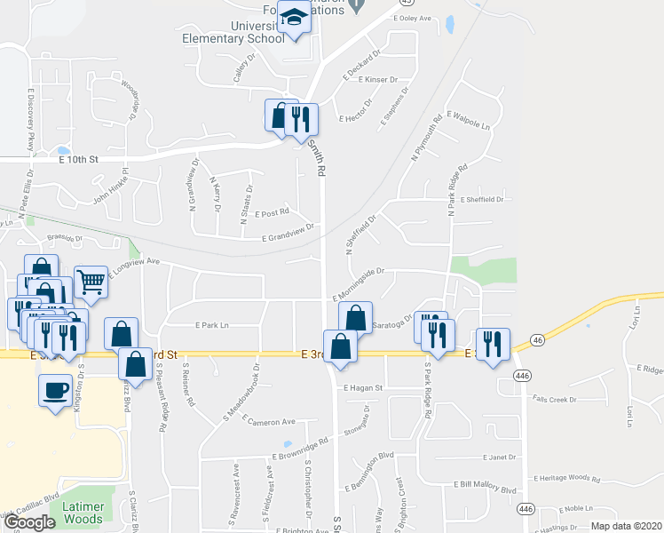 map of restaurants, bars, coffee shops, grocery stores, and more near 238 North Smith Road in Bloomington