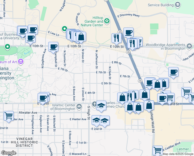 map of restaurants, bars, coffee shops, grocery stores, and more near 2210 East 7th Street in Bloomington