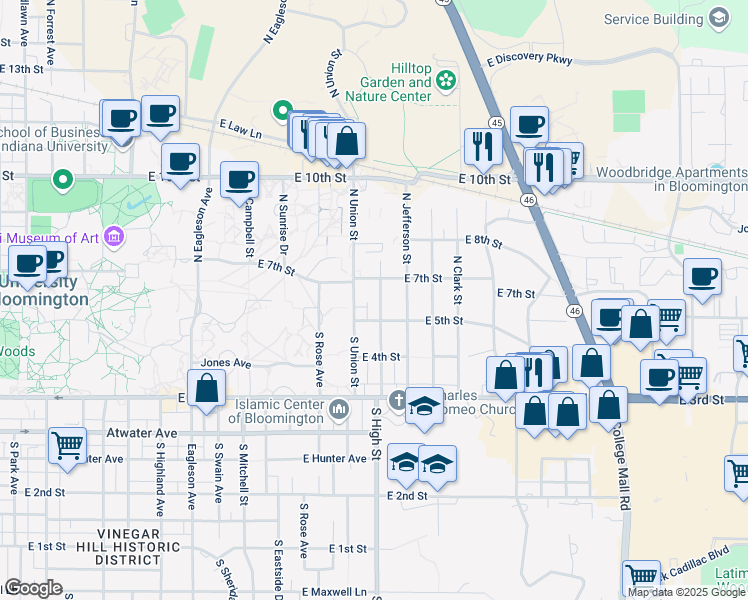 map of restaurants, bars, coffee shops, grocery stores, and more near 134 North Bryan Avenue in Bloomington