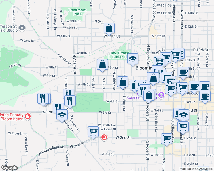 map of restaurants, bars, coffee shops, grocery stores, and more near 1002 West 6th Street in Bloomington