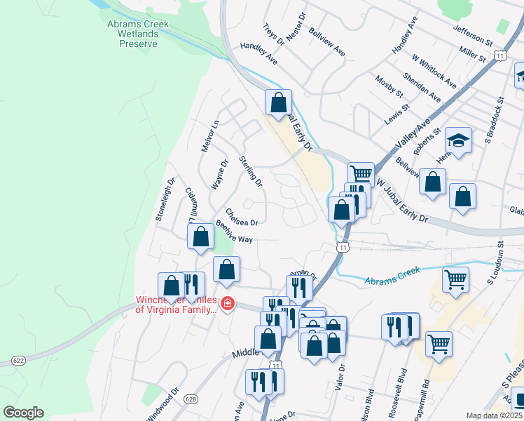 map of restaurants, bars, coffee shops, grocery stores, and more near 605 Sterling Drive in Winchester