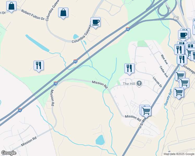 map of restaurants, bars, coffee shops, grocery stores, and more near 8400 Mission Road in Jessup
