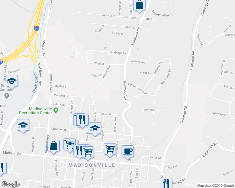 map of restaurants, bars, coffee shops, grocery stores, and more near 5445 Kenwood Road in Cincinnati