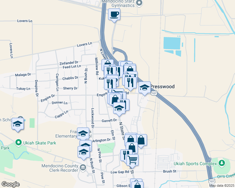 map of restaurants, bars, coffee shops, grocery stores, and more near 1310 North State Street in Ukiah