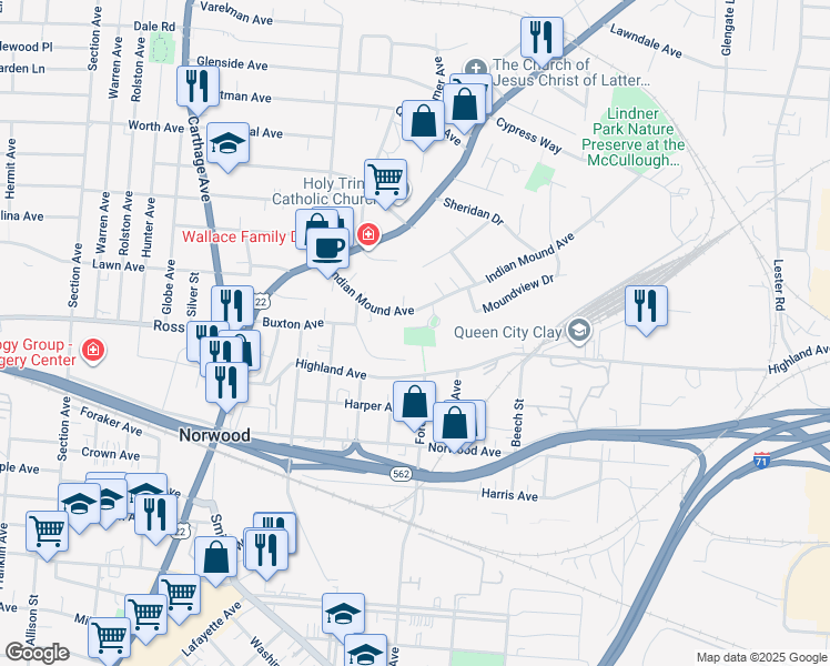 map of restaurants, bars, coffee shops, grocery stores, and more near 2529 Moundview Drive in Norwood
