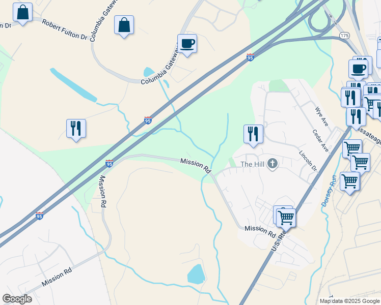 map of restaurants, bars, coffee shops, grocery stores, and more near 8400 Mission Road in Jessup