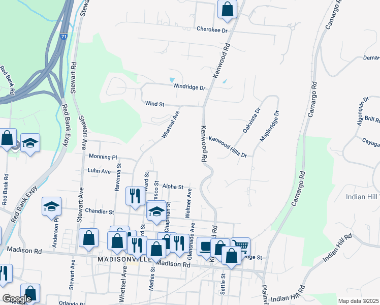 map of restaurants, bars, coffee shops, grocery stores, and more near 5559 Kenwood Road in Cincinnati