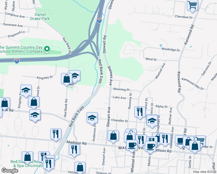map of restaurants, bars, coffee shops, grocery stores, and more near 5529 Stewart Avenue in Cincinnati