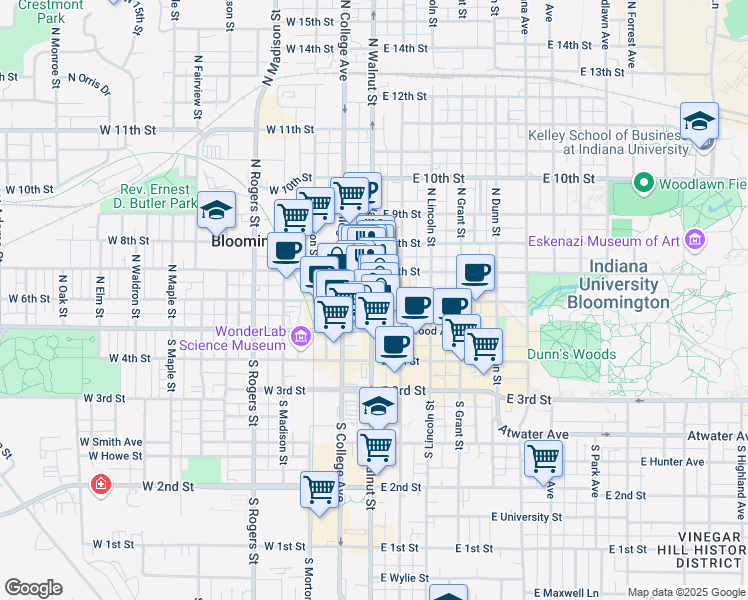 map of restaurants, bars, coffee shops, grocery stores, and more near 210 North Walnut Street in Bloomington