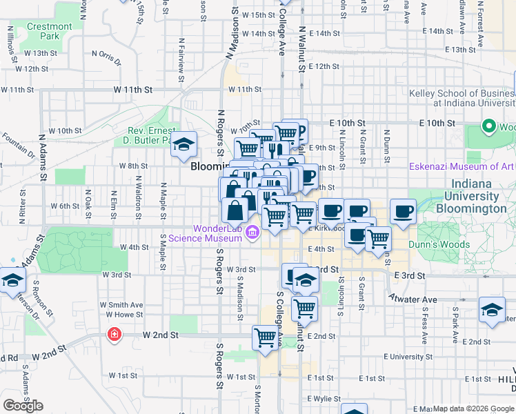 map of restaurants, bars, coffee shops, grocery stores, and more near 300 West 6th Street in Bloomington