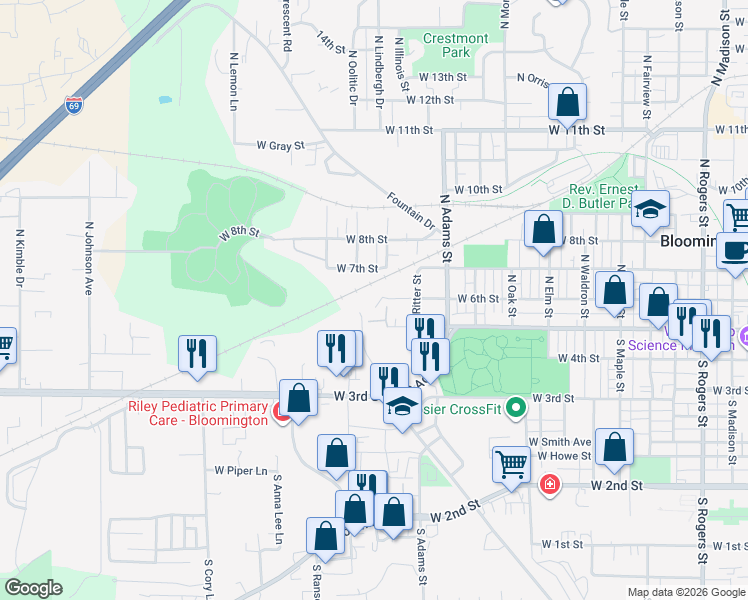 map of restaurants, bars, coffee shops, grocery stores, and more near 1510 West 6th Street in Bloomington