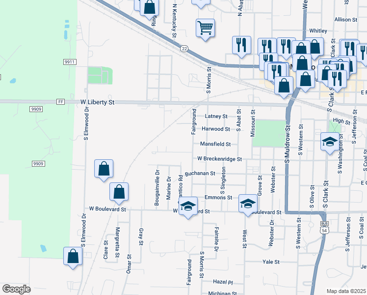 map of restaurants, bars, coffee shops, grocery stores, and more near 537 Fairground in Mexico