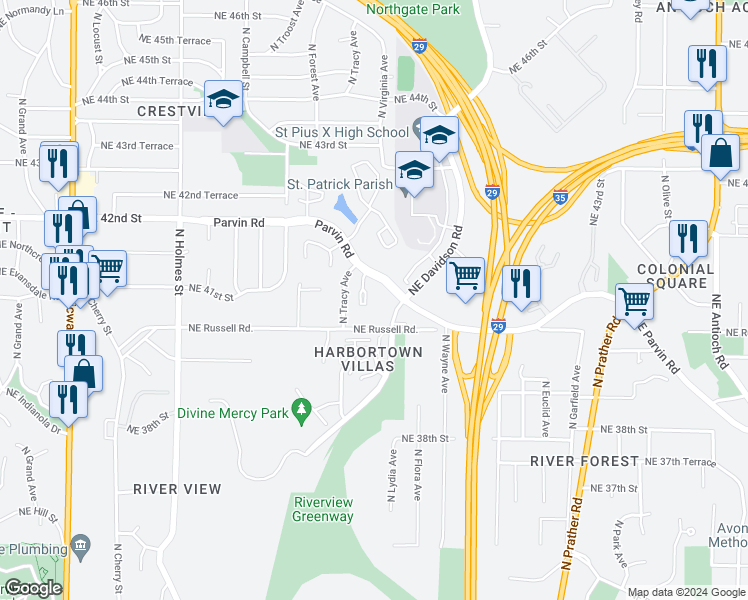 map of restaurants, bars, coffee shops, grocery stores, and more near 4101 North Tracy Avenue in Kansas City
