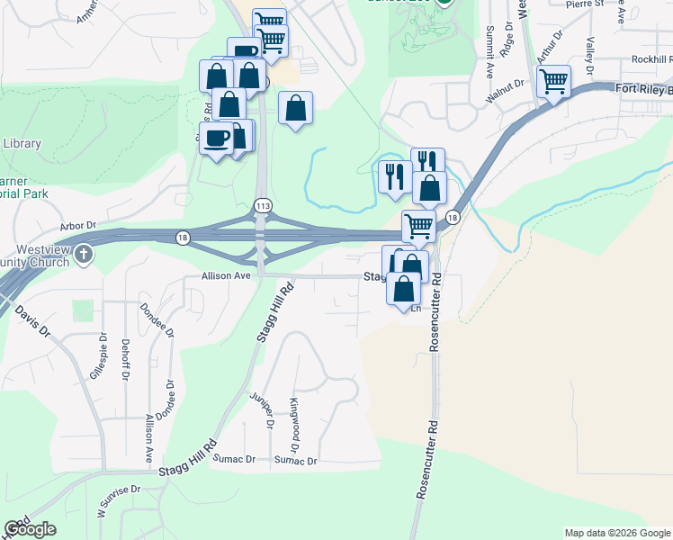 map of restaurants, bars, coffee shops, grocery stores, and more near 2512 Stagg Hill Road in Manhattan